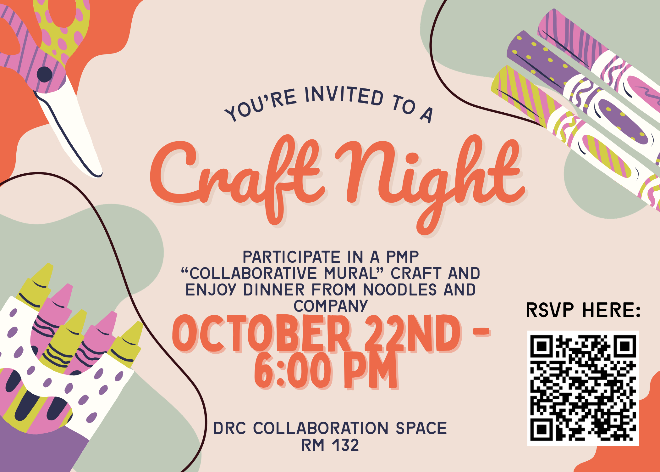 Craft Night invitation with colorful illustrations of scissors, markers, and crayons. Event details and RSVP information follow below.